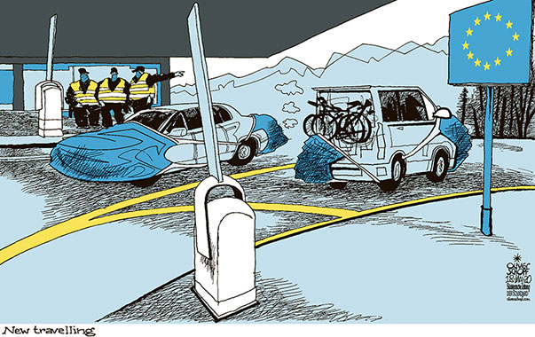 Oliver Schopf, editorial cartoons from Austria, cartoonist from Austria, Austrian illustrations, illustrator from Austria, editorial cartoon politics politician Europe, Cartoon Arts International, Süddeutsche Zeitung 2020: CORONAVIRUS CRISIS SARS-COV-2 COVID-19 EUROPEAN UNION BORDER HOLIDAYS CARS FACE MASK POLLUTION ENVIRONMENT CLIMATE GLOBAL WARMING  

