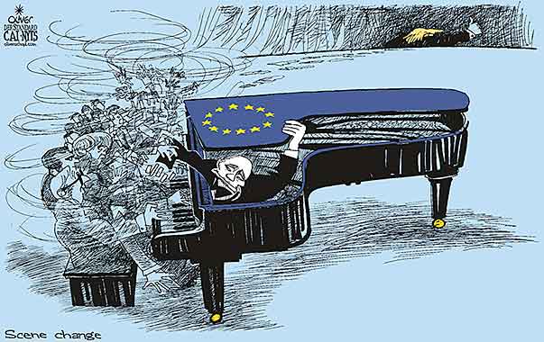 Oliver Schopf, editorial cartoons from Austria, cartoonist from Austria, Austrian illustrations, illustrator from Austria, editorial cartoon International 2017 EU MUSIC CONCERT GRAND PIANO HARMONY JUNCKER MERKEL MACRON PUTIN TRUMP SCENE CHANGE   



