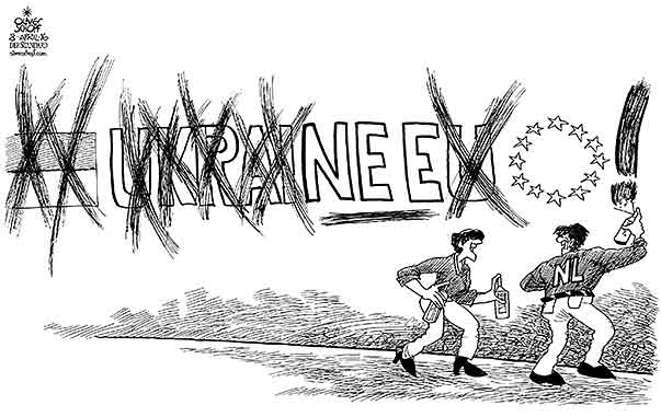 Oliver Schopf, editorial cartoons from Austria, cartoonist from Austria, Austrian illustrations, illustrator from Austria, editorial cartoon politics politician Europe, Cartoon Arts International, New York Times Syndicate, Cagle cartoon 2016 : THE NETHERLANDS VOTE VOTERS REFERENDUM EU UKRAINE AGREEMENT SPRAY NEE NO   





