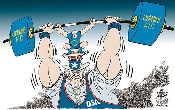 Oliver Schopf, editorial cartoons from Austria, cartoonist from Austria, Austrian illustrations, illustrator from Austria, editorial cartoon politics politician Europe, Cartoon Movement, CartoonArts International 2024: EU USA UKRAINE AID MONEY SUPPORT WEIGHTLIFTER UNCLE SAM 
























