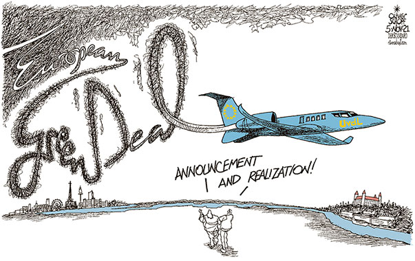 Oliver Schopf, editorial cartoons from Austria, cartoonist from Austria, Austrian illustrations, illustrator from Austria, editorial cartoon politics politician Europe, Cartoon Arts International, 2021: EUROPEAN UNION UVDL URSULA VON DER LEYEN EXECUTIVE JET VIENNA BRATISLAVA FLIGHT GREEN DEAL CO2 EMISSION CLIMATE CHANGE ENVIRONMENT 

