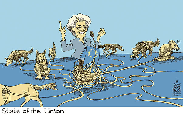 Oliver Schopf, editorial cartoons from Austria, cartoonist from Austria, Austrian illustrations, illustrator from Austria, editorial cartoon politics politician Europe, Cartoon Arts International, 2021: EU EUROPEAN UNION PRESIDENT COMMISSION URSULA VON DER LEYEN UVDL STATE OF THE UNION ADDRESS MICROPHONE DOGS CONTROL EGOISM NATIONALISM 

