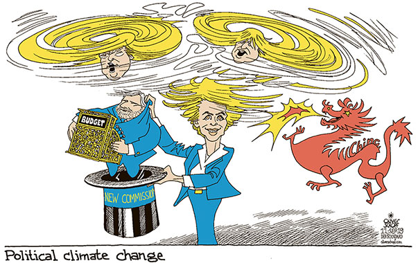 Oliver Schopf, editorial cartoons from Austria, cartoonist from Austria, Austrian illustrations, illustrator from Austria, editorial cartoon politics politician Europe, Cartoon Arts International, New York Times Syndicate, Cagle cartoon 2019 : EUROPEAN COMMISSION URSULA VON DER LEYEN JOHANNES HAHN BUDEGT ADMINISTRATION WEATHER STORM HURRICANE CLIMATE CHANGE TRUMP BORIS JOHNSON CHINA DRAGON  MAGICIAN HAT
