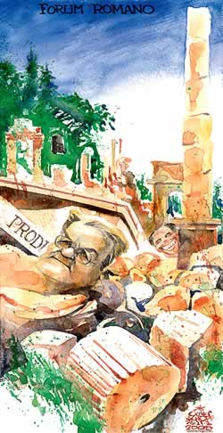 Oliver Schopf, editorial cartoons from Austria, cartoonist from Austria, Austrian illustrations, illustrator from Austria, editorial cartoon 
Europe 2008: italy, romano prodi, crisis, rome, ruins, forum romanum abdicate ruines berlusconi smiling
