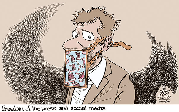 Oliver Schopf, editorial cartoons from Austria, cartoonist from Austria, Austrian illustrations, illustrator from Austria, editorial cartoon politics politician Europe, Cartoon Movement, @oliverschopf.bsky.social 2026: WORLD PRESS FREEDOM DAY SOCIAL MEDIA INTERNET MUZZLE FREEDOM OF SPEECH TRUTH LIE























