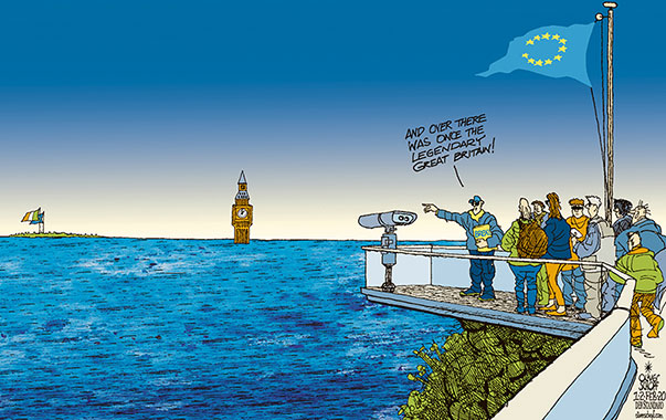  
Oliver Schopf, editorial cartoons from Austria, cartoonist from Austria, Austrian illustrations, illustrator from Austria, editorial cartoon politics politician Europe, Cartoon Arts International, 2020: EUROPEAN UNION GREAT BRITAIN LEAVRE BREXIT DONE JANUARY 31 ISLAND ISLES SUNKEN ATLANTIS ELIZABETH TOWER BIG BEN TOURISTS GUIDE SIGHT SEEING VIEWING PLATFORM SEA OCEAN IRELAND 

