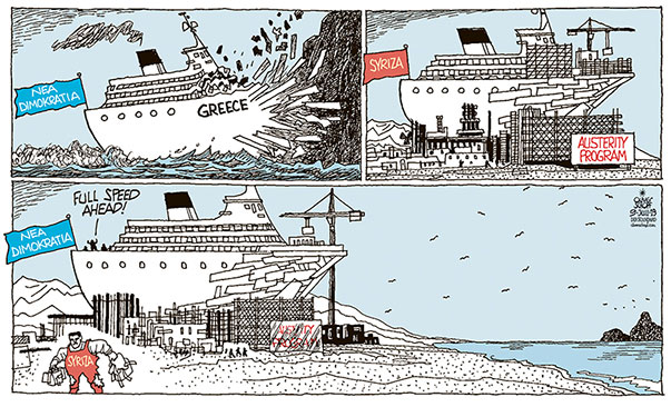  
Oliver Schopf, editorial cartoons from Austria, cartoonist from Austria, Austrian illustrations, illustrator from Austria, editorial cartoon politics politician Europe, Cartoon Arts International, New York Times Syndicate, Cagle cartoon 2019 GREECE CHANGE NEA DIMOKRATIA SYRIZA KYRIAKOS MITSOTAKIS TSIPRAS SHIP VESSEL CRASH AUSTERITY DEBT CRISIS      

