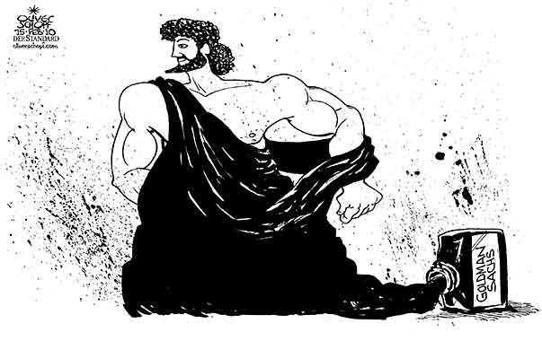 Oliver Schopf, editorial cartoons from Austria, cartoonist from Austria, Austrian illustrations, illustrator from Austria, editorial cartoon politics politician Europe 2010: greece goldman sachs ink cover up bankruptcy nude
