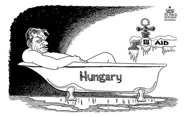 Oliver Schopf, editorial cartoons from Austria, cartoonist from Austria, Austrian illustrations, illustrator from Austria, editorial cartoon politics politician Europe 2012 
HUNGARY ORBAN EURO CRISIS DEBT BATH AID FREEZE ICE




