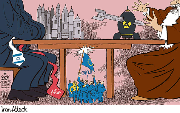 Oliver Schopf, editorial cartoons from Austria, cartoonist from Austria, Austrian illustrations, illustrator from Austria, editorial cartoon politics politician Europe, Cartoon Movement, @oliverschopf.bsky.social 2025: IRAN WAR ISRAEL EU BOMB ATTACK BUNKER BUSTER MULLAH CHESS TABLE PLAY OPERATION MIDNAIGHT HAMMER INFLUENCE 






















