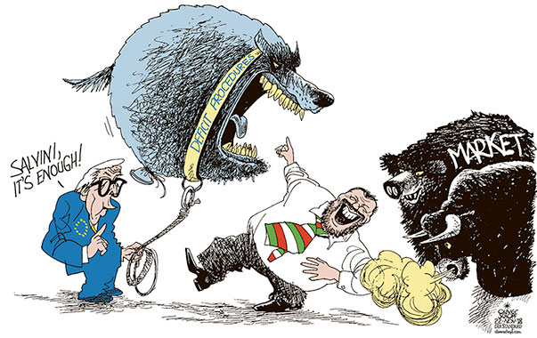Oliver Schopf, editorial cartoons from Austria, cartoonist from Austria, Austrian illustrations, illustrator from Austria, editorial cartoon politics politician Europe, Cartoon Arts International, New York Times Syndicate, Cagle cartoon 2018 EU ITALY JUNCKER MATTEO SALVINI BUDGET DEFICIT PROCEDURES FIERCE DOG BALLOON MARKET BULL BEAR  
