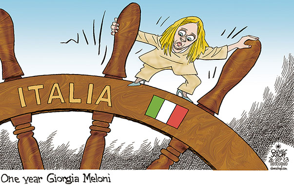 Oliver Schopf, editorial cartoons from Austria, cartoonist from Austria, Austrian illustrations, illustrator from Austria, editorial cartoon politics politician Europe, Cartoon Movement, CartoonArts International 2023: ITALY GIORGIA MELONI PRIME MINISTERONE YEAR STEERING WHEEL VESSEL SHIP RIGHT





















