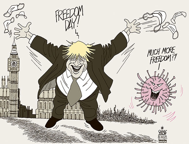 Oliver Schopf, editorial cartoons from Austria, cartoonist from Austria, Austrian illustrations, illustrator from Austria, editorial cartoon politics politician Europe, Cartoon Arts International, 2021: CORONAVIRUS CRISIS SARS-CoV-2 COVID-19 BORIS JOHNSON PRIME MINISTER HOUSES OF PARLIAMENT FREEDOM DAY RESTRICTIONS MASK 
 
