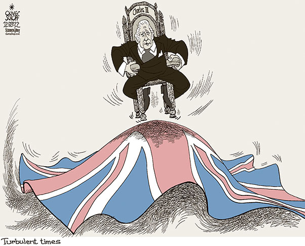 Oliver Schopf, editorial cartoons from Austria, cartoonist from Austria, Austrian illustrations, illustrator from Austria, editorial cartoon politics politician Europe, Süddeutsche Zeitung, Meinung, Seite 4, Cartoon Arts International, 2022: GREAT BRITAIN ROYALS KING CHARLES III PROCLAMATION THRONE UNION JACK TURBULENT TIMES UPHEAVAL UNITED KINGDOM COMMONWEALTH  


