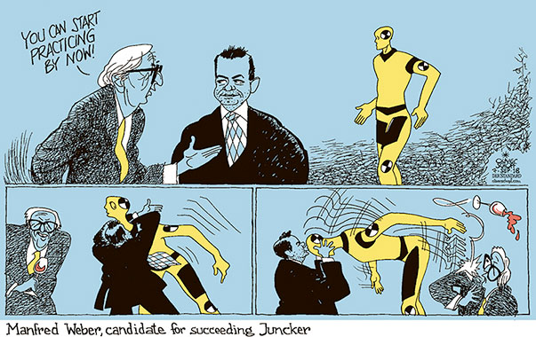 Oliver Schopf, editorial cartoons from Austria, cartoonist from Austria, Austrian illustrations, illustrator from Austria, editorial cartoon politics politician Europe, Cartoon Arts International, New York Times Syndicate, Cagle cartoon 2018 : EUROPEAN UNION PRESIDENT COMMISSION JEAN CLAUDE JUNCKER SUCCESSION ELECTIONS MANFRED WEBER CANDIDATE RUNNING DUMMY KISS EMBRACE HUG PRACTICE 
