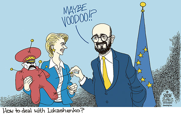 Oliver Schopf, editorial cartoons from Austria, cartoonist from Austria, Austrian illustrations, illustrator from Austria, editorial cartoon politics politician Europe, Cartoon Arts International, 2021: BELARUS LUKASHENKO DICTATOR PLANE RYANAIR MINSK AIRPORT ROMAN PROTASEVICH EUROPEAN UNION CHARLES MICHEL URSULA VON DER LEYEN PUPPET VOODOO VODOU VOUDOU VODUN RELIGION SPIRIT

