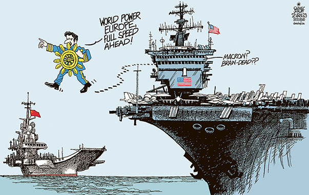 Oliver Schopf, editorial cartoons from Austria, cartoonist from Austria, Austrian illustrations, illustrator from Austria, editorial cartoon politics politician Europe, Cartoon Arts International, 2023: EU MACRON WORLD POWER USA CHINA INDEPENDENT AIRCRAFT CARRIER FLATTOP SEA WHEEL NATO BRAIN-DEAD TAIWAN AIR 

