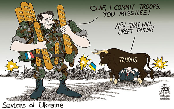 Oliver Schopf, editorial cartoons from Austria, cartoonist from Austria, Austrian illustrations, illustrator from Austria, editorial cartoon politics politician Europe, Cartoon Movement, CartoonArts International 2024: UKRAINE WAR MACRON GROUND TROOPS SCHOLZ TAURUS MISSILES PUTIN BULL 
























