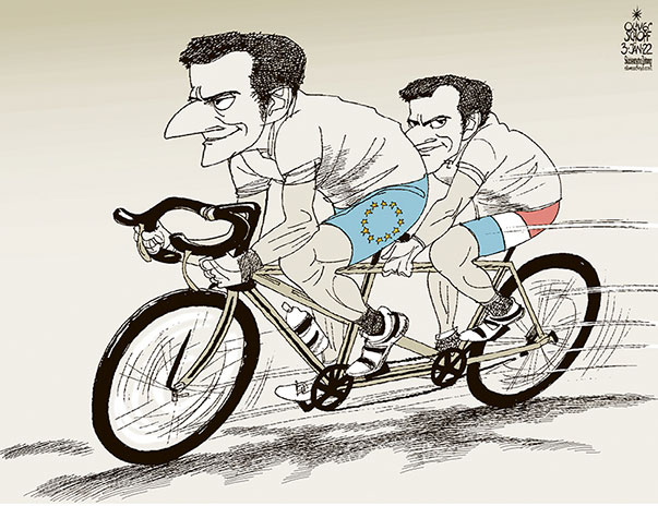 Oliver Schopf, editorial cartoons from Austria, cartoonist from Austria, Austrian illustrations, illustrator from Austria, editorial cartoon politics politician Europe, Süddeutsche Zeitung, Cartoon Arts International, 2022: EU EUROPEAN UNION COUNCIL PRESIDENCY FRANCE EMMANUEL MACRON ELECTIONS PRESIDENT BICYCLE TANDEM 

