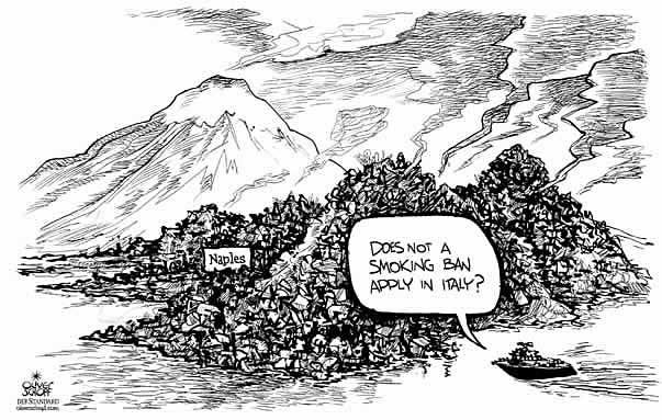 Oliver Schopf, editorial cartoons from Austria, cartoonist from Austria, Austrian illustrations, illustrator from Austria, editorial cartoon 
Europe 2008:  italy, naples, trash, vesuv, smoking, smoking ban does not a smoking ban apply in italy?
