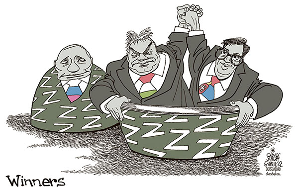 Oliver Schopf, editorial cartoons from Austria, cartoonist from Austria, Austrian illustrations, illustrator from Austria, editorial cartoon politics politician Europe, Cartoon Arts International, 2022: EUROPEAN UNION EU ELECTIONS HUNGARY SERBIA VOKTOR ORBÁN ALEKSANDAR VUCIC WINNER PUTIN MATRIOSHKA NESTLING DOLLS 

