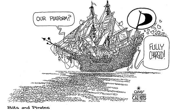Oliver Schopf, editorial cartoons from Austria, cartoonist from Austria, Austrian illustrations, illustrator from Austria, editorial cartoon politics politician Europe 2012 
PIRATES PARTY SHIP BITS BYTES CHARGE INTERNET SOCIAL MEDIA



