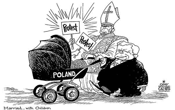 Oliver Schopf, editorial cartoons from Austria, cartoonist from Austria, Austrian illustrations, illustrator from Austria, editorial cartoon politics politician Europe, Cartoon Arts International, New York Times Syndicate, Cagle cartoon 2016 : POLAND CATHOLIC CHURCH JAROSLAW KACZYNSKI PIS PARTY ABORTION BABY STROLLER 

 
