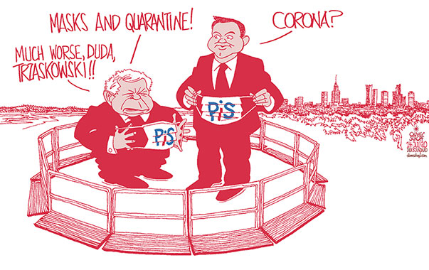  
Oliver Schopf, editorial cartoons from Austria, cartoonist from Austria, Austrian illustrations, illustrator from Austria, editorial cartoon politics politician Europe, Cartoon Arts International, 2020: POLAND PRESIDENT ELECTION ANDRZEJ DUDA RAFAL TRZASKOWSKI  JAROSLAW KACZYNSKI MAYOR WARSAW LIBERAL CORONA VIRUS FACE MASK QUARANTINE PiS PARTY


