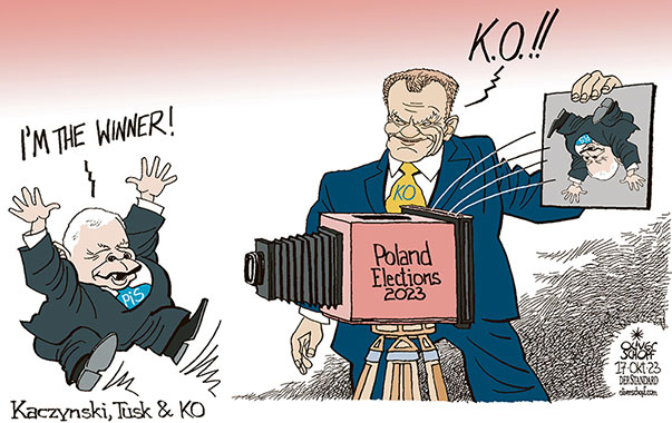 Oliver Schopf, editorial cartoons from Austria, cartoonist from Austria, Austrian illustrations, illustrator from Austria, editorial cartoon politics politician Europe, Cartoon Movement, CartoonArts International 2023: POLAND KACZYNSKI DONALD TUSK ELECTIONS PIS KO PARTY WINNER KNOCK OUT K.O. CAMERA UPSIDE DOWN  























