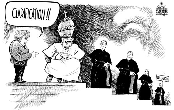 Oliver Schopf, editorial cartoons from Austria, cartoonist from Austria, Austrian illustrations, illustrator from Austria, editorial cartoon 
Europe 2009: eu european union pope, benedict XVI., angela merkel, clarification, richard williamson
