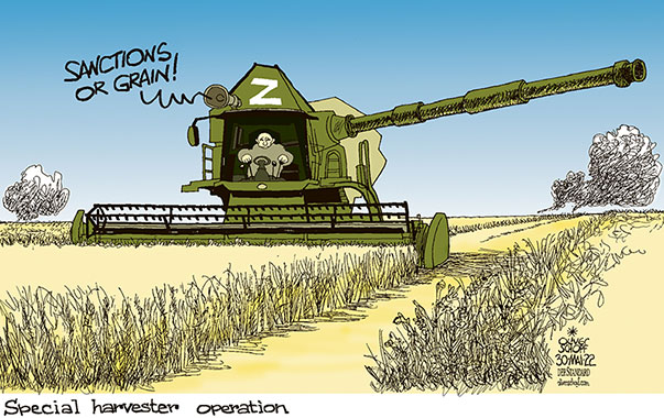 Oliver Schopf, editorial cartoons from Austria, cartoonist from Austria, Austrian illustrations, illustrator from Austria, editorial cartoon politics politician Europe, Cartoon Arts International, 2022: UKRAINE WAR PUTIN GRAIN COMBINE HARVESTER DELIVERY SHIPMENT SUPPLY SANCTIONS SPECIAL MILITARY OPERATION 
