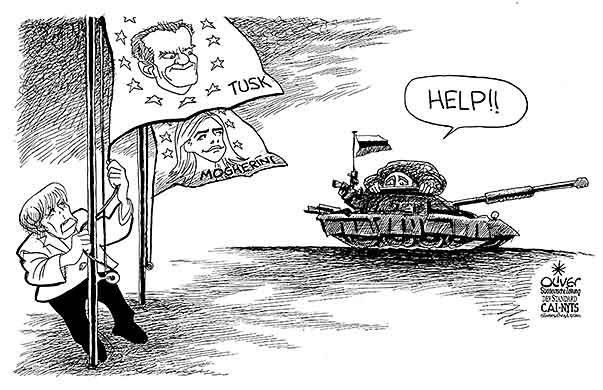 Oliver Schopf, editorial cartoons from Austria, cartoonist from Austria, Austrian illustrations, illustrator from Austria, editorial cartoon politics politician Europe, Cartoon Arts International, New York Times Syndicate, Cagle cartoon 2014: EU RUSSIA PUTIN MERKEL DONALD TUSK FEDERICA MOGHERINI PRESIDENT COUNCIL HIGH REPRESENTATIVE FOREIGN AFFAIRS FLAG TANK UKRAINE
 