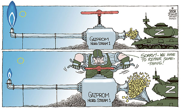 Oliver Schopf, editorial cartoons from Austria, cartoonist from Austria, Austrian illustrations, illustrator from Austria, editorial cartoon politics politician Europe, Cartoon Arts International, 2022: ENERGY GAS GAZPROM NORD STREAM 1 REDUCTION REPAIR PUTIN UKRAINE WAR TANK MONEY PRICE WAR CHEST

 
