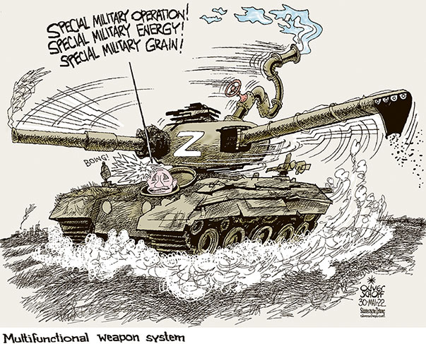 Oliver Schopf, editorial cartoons from Austria, cartoonist from Austria, Austrian illustrations, illustrator from Austria, editorial cartoon politics politician Europe, Süddeutsche Zeitung, Seite 4, Meinung, opinion page Cartoon Arts International, 2022: UKRAINE WAR PUTIN GRAIN DELIVERY SHIPMENT SUPPLY GAS SANCTIONS SPECIAL MILITARY OPERATION TANK WEAPON SYSTEM 

 
