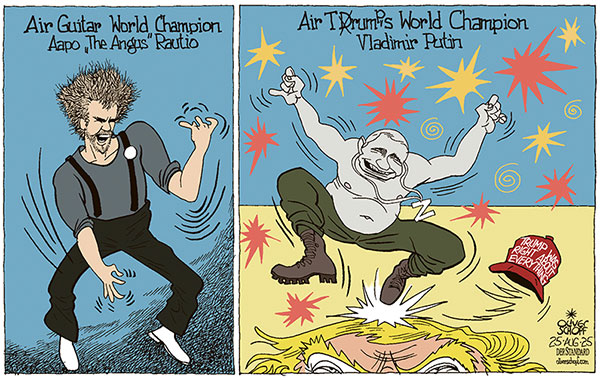 Oliver Schopf, editorial cartoons from Austria, cartoonist from Austria, Austrian illustrations, illustrator from Austria, editorial cartoon politics politician Europe, Cartoon Movement, @oliverschopf.bsky.social 2025: AAPO THE ANGUS RAUTIO AIR GUITAR WORLD CHAMPION PUTIN DRUMS DRUMMER TRUMP STRIKES UKRAINE  























