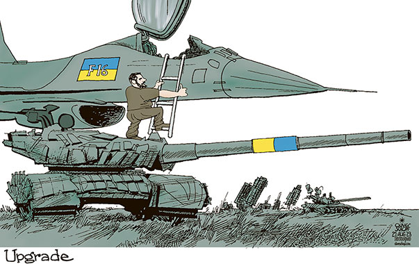 Oliver Schopf, editorial cartoons from Austria, cartoonist from Austria, Austrian illustrations, illustrator from Austria, editorial cartoon politics politician Europe, Cartoon Movement, CartoonArts International 2023: UKRAINE ZELENSKYY WAR F-16 FIGHTER JET UPGRADE THE NETHERLANDS DENMARK USA 




















