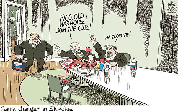 Oliver Schopf, editorial cartoons from Austria, cartoonist from Austria, Austrian illustrations, illustrator from Austria, editorial cartoon politics politician Europe, Cartoon Movement, CartoonArts International 2023: SLOVAKIA ROBERT FICO ELECTIONS WINNER PUTIN TABLE KREMLIN ORBAN UKRAINE WAR MEAL CLUB  





















