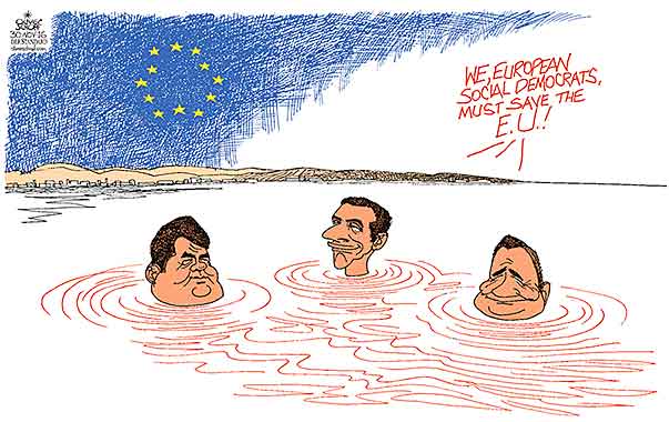  
Oliver Schopf, editorial cartoons from Austria, cartoonist from Austria, Austrian illustrations, illustrator from Austria, editorial cartoon
Europe EU eu European union italy  2016: EUROPEAN UNION SOCIAL DEMOCRATS PARTY CRISIS SIGMAR GABRIEL CHRISTIAN KERN STEFAN LÖFVEN WATER SAVE

