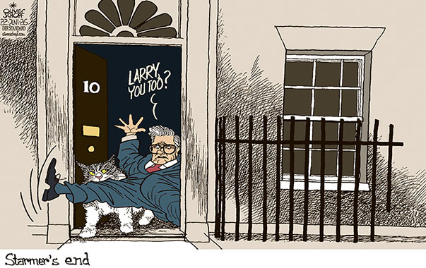 Oliver Schopf, editorial cartoons from Austria, cartoonist from Austria, Austrian illustrations, illustrator from Austria, editorial cartoon politics politician Europe, Cartoon Movement, @oliverschopf.bsky.social 2026: GREAT BRITAIN LONDON 10 DOWNING STREET PRIME MINISTER KEIR STARMER RESIGNATION CAT LARRY CHIEF MOUSER END
























