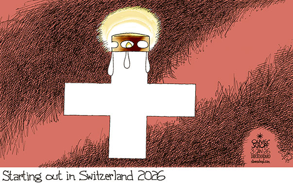 Oliver Schopf, editorial cartoons from Austria, cartoonist from Austria, Austrian illustrations, illustrator from Austria, editorial cartoon politics politician Europe, Cartoon Movement, @oliverschopf.bsky.social 2026: SWITZERLAND NEW YEAR CRANS-MONTANA BAR FIRE CANDLE GRIEF MOURNING FLAG  























