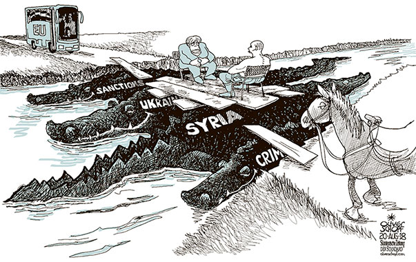 Oliver Schopf, editorial cartoons from Austria, cartoonist from Austria, Austrian illustrations, illustrator from Austria, editorial cartoon politics politician Europe, Cartoon Arts International, New York Times Syndicate, Cagle cartoon 2018 : MERKEL PUTIN EU RUSSIA RELATIONS TALKS BRIDGE CROCODILE SANCTIONS UKRAINE SYRIA CRIMEA
