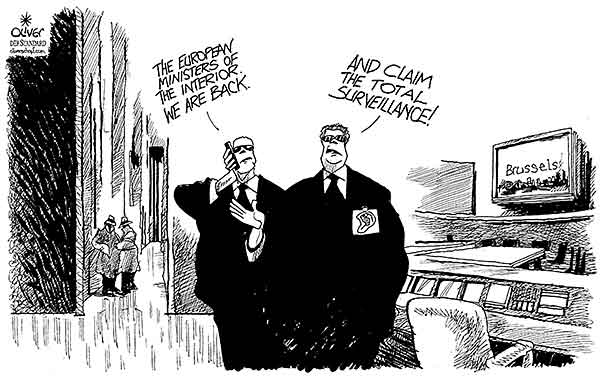 Oliver Schopf, editorial cartoons from Austria, cartoonist from Austria, Austrian illustrations, illustrator from Austria, editorial cartoon politics politician Europe, Cartoon Arts International, New York Times Syndicate, Cagle cartoon 2016 : EU TERROR ASSAULT ATTACK BRUSSELS INTELLIGENCE AGENCY SECRET SERVICE NSA BND GCHQ POLICE SECURITY SPY SURVEILLANCE





