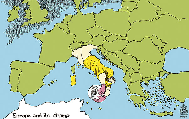 Oliver Schopf, editorial cartoons from Austria, cartoonist from Austria, Austrian illustrations, illustrator from Austria, editorial cartoon politics politician Europe, Cartoon Arts International, 2021: UEFA EURO 2020 SOCCER FOOTBALL CHAMPION CHAMPIONSHIP FINAL LONDON WEMBLEY ITALY ENGLAND GIANLUIGI DONNARUMMA GOALKEEPER EUROPE MAP    

