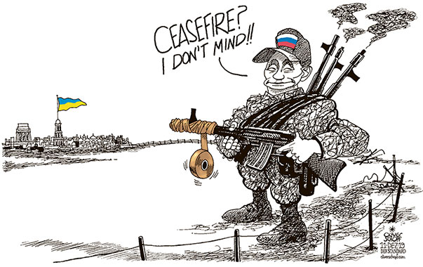  
Oliver Schopf, editorial cartoons from Austria, cartoonist from Austria, Austrian illustrations, illustrator from Austria, editorial cartoon politics politician Europe, Cartoon Arts International, 2019: UKRAINE CEASEFIRE PUTIN RUSSIA NORMANDY FORMAT DONBASS TAPE COLD WAR   
