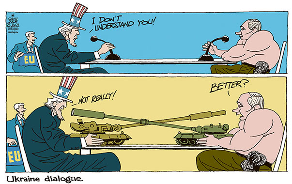 Oliver Schopf, editorial cartoons from Austria, cartoonist from Austria, Austrian illustrations, illustrator from Austria, editorial cartoon politics politician Europe, Cartoon Arts International, 2022: UKRAINE CRISIS CONFLICT USA UNCLE SAM PUTIN RUSSIA EU DIALOGUE TALKS NEGOTIATIONS MICROPHONE TANKS 
