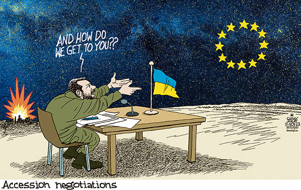 Oliver Schopf, editorial cartoons from Austria, cartoonist from Austria, Austrian illustrations, illustrator from Austria, editorial cartoon politics politician Europe, Cartoon Movement, Cartoon Arts International 2023: UKRAINE EU FLAG ZELENSKYY MEMBER MEMBERSHIP ACCESSION NEGOTIATIONS TALKS EUROPEAN COMMISSION STARS SKY OUTER SPACE MILKY WAY GALAXY DISTANCE LIGHT YEARS 























