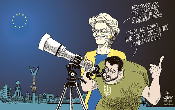 Oliver Schopf, editorial cartoons from Austria, cartoonist from Austria, Austrian illustrations, illustrator from Austria, editorial cartoon politics politician Europe, Cartoon Arts International, 2023: UKRAINE EU MEMBERSHIP MEMBER URSULA VON DER LEYEN VOLODYMYR ZELENSKYY STARS OUTER SPACE WARP DRIVE TELESCOPE OBSERVER WATCH TIME DISTANCE 














