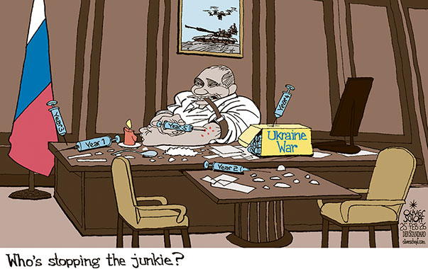 Oliver Schopf, editorial cartoons from Austria, cartoonist from Austria, Austrian illustrations, illustrator from Austria, editorial cartoon politics politician Europe, Cartoon Movement, @oliverschopf.bsky.social 2026: UKRAINE WAR 4 YEARS PUTIN WARLORD JUNKIE DRUGS SYRINGE ADDICTION ADDICTED OFFICE KREMLIN 























