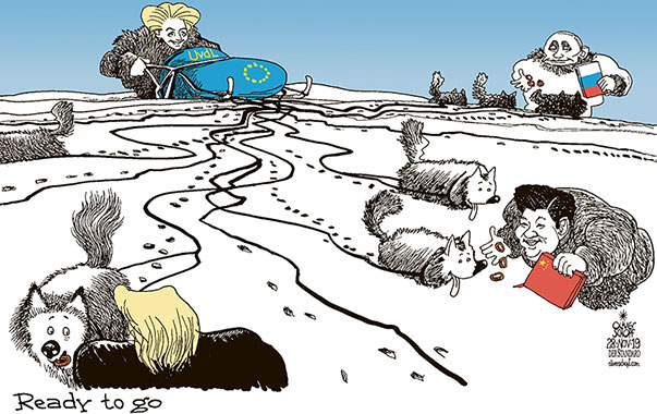  
Oliver Schopf, editorial cartoons from Austria, cartoonist from Austria, Austrian illustrations, illustrator from Austria, editorial cartoon politics politician Europe, Cartoon Arts International, 2019: EUROPEAN COMMISSION URSULA VON DER LEYEN PARLIAMENT ELECTION DOG SLED TRUMP PUTIN XI JINPING FEED FEEDING BISCUITS 

