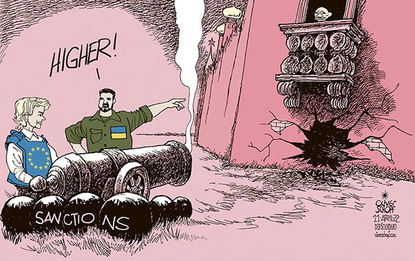 Oliver Schopf, editorial cartoons from Austria, cartoonist from Austria, Austrian illustrations, illustrator from Austria, editorial cartoon politics politician Europe, Cartoon Arts International, 2022: EU URSULA VON DER LEYEN ZELENSKYY SANCTIONS PUTIN RUSSIA KREMLIN CANNON BALL HOWITZER HIGHER  

